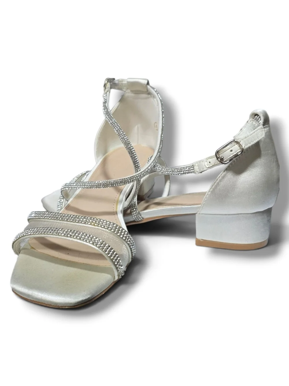 Women's Silver Ankle-Strap Block Heel Sandals with Rhinestone Straps